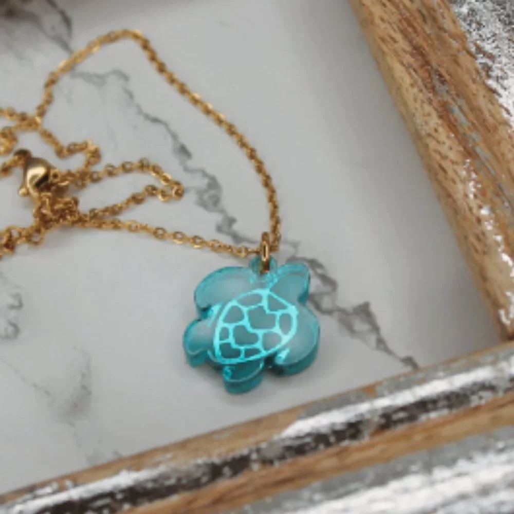Turtle Necklace Teal Acrylic Pendant with 18 inch Gold Chain - Picture 1 of 1